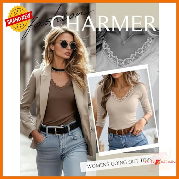 3-Pack Women's 3/4 Sleeve Lace V-Neck Ribbed Cotton Slim Fit Tops - Picture 6 of 8